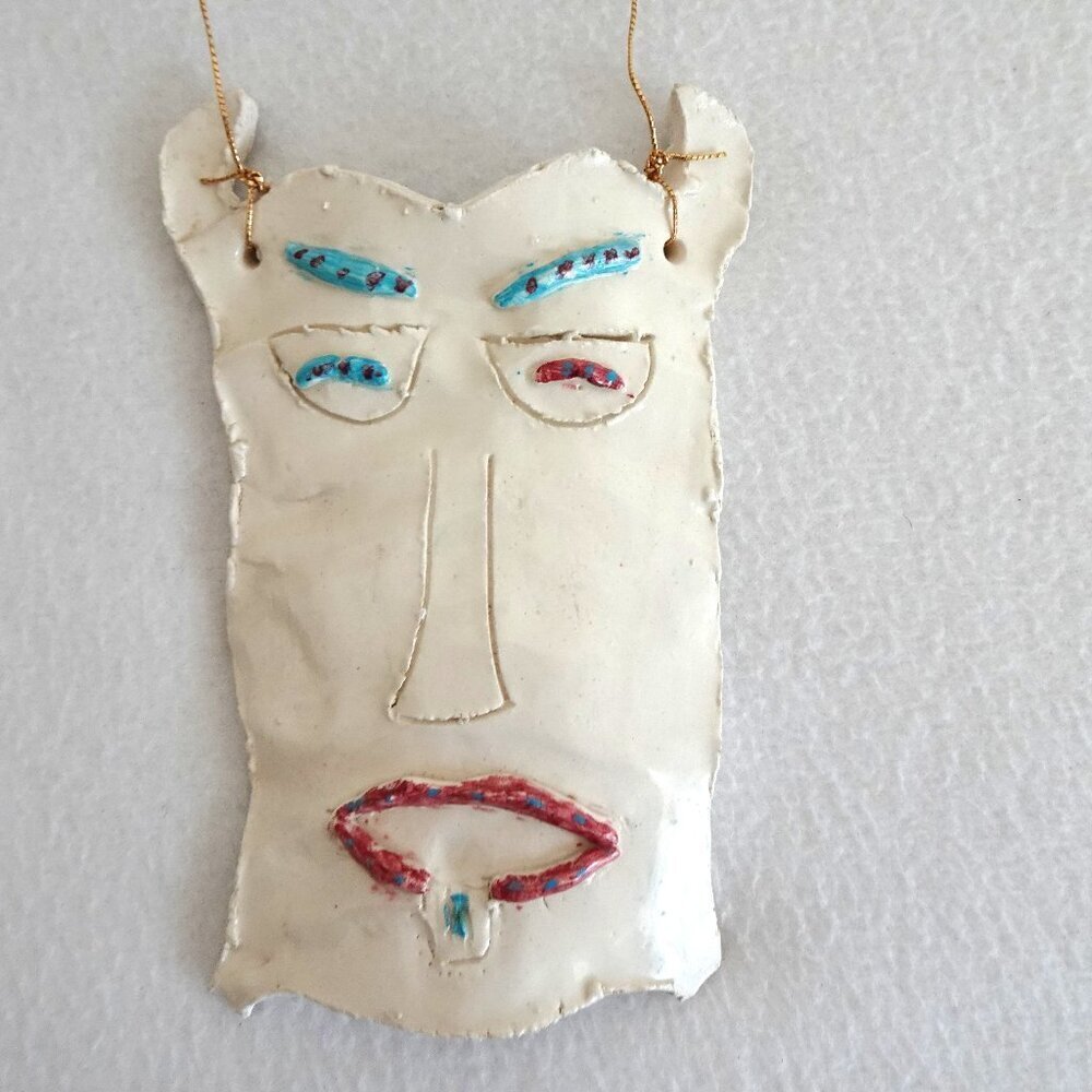 Hand Crafted Pottery Wall Hanging Face Sculpture with Hanger 7" High Whimsical